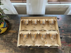8 Vintage Barware Libbey Golden Leaf Foliage Water/Wine Goblets MCM NEW IN BOX - Picture 1 of 7