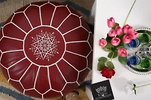 New Stool Round Leather Pouffe Ottoman Footstool Moroccan Genuine Boho Brown - Picture 1 of 9