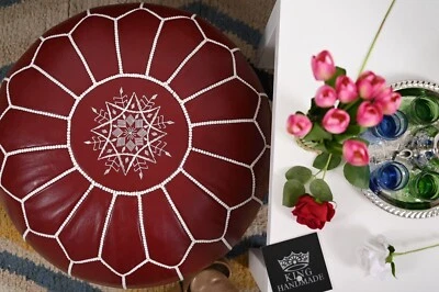 New Stool Round Leather Pouffe Ottoman Footstool Moroccan Genuine Boho Brown - Image 1 of 4