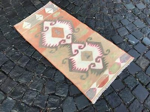 3.8 X 1.9 Ft Turkish Vintage Kilim Handmade Wool Kilim Bohemian Runner Kilim - Picture 1 of 12