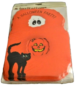 HALLOWEEN 8 Party Invitations Cards BOO Hallmark DIE-CUT CAT GHOST PUMPKIN Vtg - Imagen 1 de 2