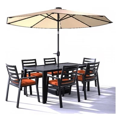 LeisureMod Chelsea 7-Piece Outdoor Dining Set in Black Aluminum Orange - Image 1 of 4
