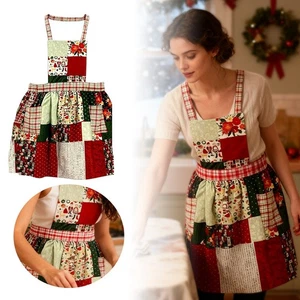 Christmas Patchwork Apron, Holiday Quilted Apron with Adjustable Straps & Pocket - Picture 1 of 8