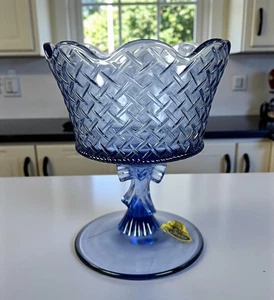 Fenton Art Glass Blue Compote Bowl Basket Weave Candy Dish Periwinkle - Picture 1 of 10