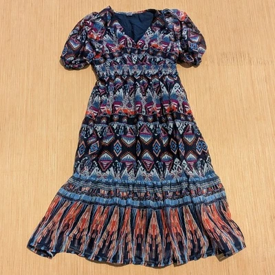 Vestido midi antiguo azul marino bohemio suroeste con capas cintura ajustada para mujer XS Petite Foto 1 de 4