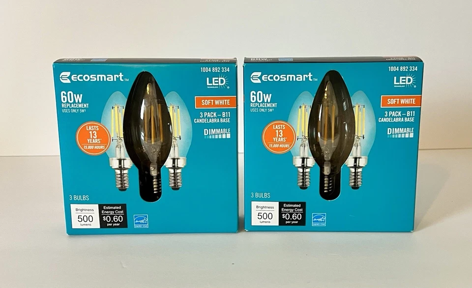 2X (3-Pk) EcoSmart LED B-11 Candelabra Base Bulb Light Soft White 60-W 500LM - Image 1 of 1
