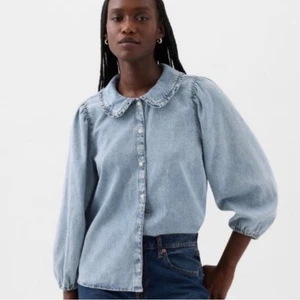 Gap Rundkragen Rüschen Revers Denim Button Down Top Shirt Chambray L Cottagecore - Bild 1 von 8