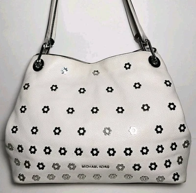 MICHAEL KORS WHITE LEATHER RAVEN FLORAL EMBELLISHED SILVER STUDDED SHOULDER BAG  - Image 1 of 4