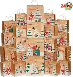 24 PIEZAS Bolsas de Regalo Kraft de Navidad con Tamaños Surtidos, No Incluye Papel de Pañuelo - Imagen 1 de 9