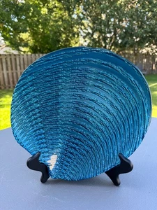 Nautical Seafoam Deep Ocean Blue Carnival-Type Glass Shell Fish Platter 12x13" - Picture 1 of 4