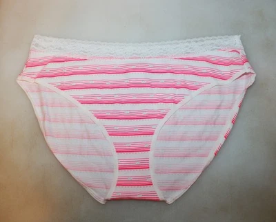 NWT Victoria's Secret Striped Pink & White Brief w/ Lace Waist Band & VS logos - Image 1 of 2