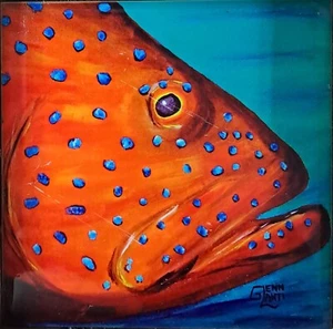 Lobster Trap Art GLENN LAHTI Framed “Coral Grouper” Tile Print - Picture 1 of 4