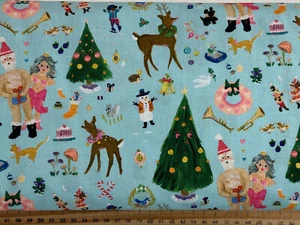 Dear Stella Naughty Santa Christmas Light Blue Cotton Fabric by 1/4 M* Holidays - Picture 1 of 2