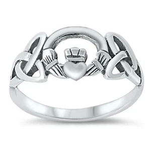 Sterling Silver Woman's Celtic Claddagh Irish Ring Unique Band 8mm Sizes 3-13 - Picture 1 of 3