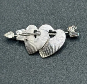 Vintage Sterling Silver Double Hearts Brooch Pin Cubic Zirconia M14 - Picture 1 of 8