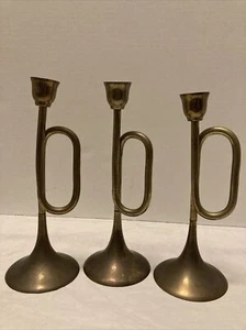 Set of 3 Trumpet Brass Candlesticks Candle Holder Horn India Xmas - Picture 1 of 11