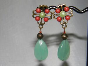 Avon Bronze Look Boho Bohemian Dangle Post Earrings 1.75" Red & Green Beads