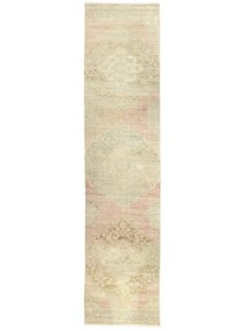 Vintage Turkish Oushak Runner 2.11x13.7 ft – Muted Pink Sage Faded Wool Long Rug - Picture 1 of 13