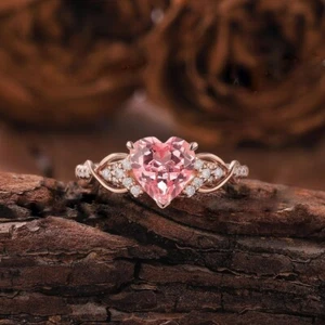 Pink Heart & White Round 0.93CT Lab Grown Diamond Women's Ring In 10K Rose Gold - Picture 1 of 8