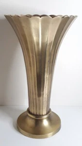 Antique art deco Brass Trumpet vase Quality Heavy Fluted Scalloped Bowl + Patina - Picture 1 of 24