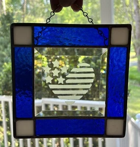 American Flag Heart Stained Glass Blue Suncatcher - USA Window Decor 7.5”x6” - Picture 1 of 5