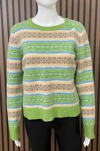 Quest Damen M Lammwolle Pullover grün blau Fair Isle Streifen Strickpullover kuschelig - Bild 1 von 7