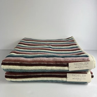Juego de 2 toallas de baño Rachel Zoe arco iris a rayas texturizadas multicolores NUEVO Foto 1 de 4