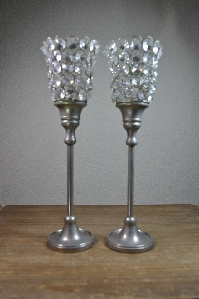 Silver Tone Crystal Stem Jeweled Votives Chalice Candleholders Set Of 2 Beads - Image 1 of 4