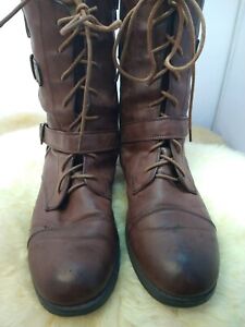 WOMANS LEATHER WINTER SNOW BOOTS MID CALF WOMENS BROWN LACE ZIP UP BOOTS SIZE 10