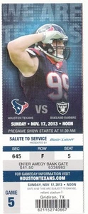 Talón de boletos Houston Texans vs Oakland Raiders 2013 17/11/14 J.J. Watt - Imagen 1 de 1
