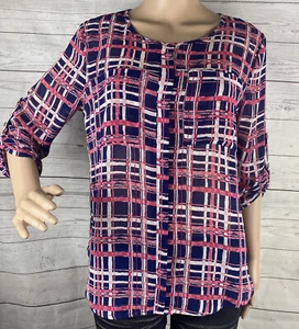 Papermoon Stitch Fix Blouse Small Semi-Sheer Pink Navy Blue White Abstract Plaid - Picture 1 of 12