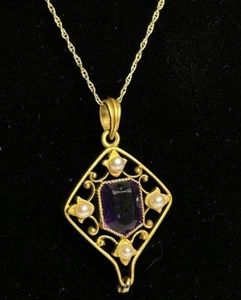 14 Karat Gelbgold Singapur Kette Halskette & Amethyst im Radiant Cut und 2,5 mm Perlen - Bild 1 von 7