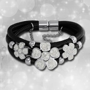 Amello Nappa Leather Bracelet Black Cubic Zirconia Flower Stainless Steel Clasp LAQ003S9 - Picture 1 of 2