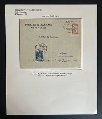 1931 Turkey Cover To Istanbul 1k Turkish Airmail Fund 3rd Issue w Bir Kurus O/P - Image 1 of 3