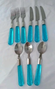 9 Piece Cutlery Set Stainless Steel Clear Blue Plastic Handles Spoons, Forks,... - Imagen 1 de 14