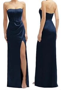 NWT After Six Strapless Topstitched Corset Satin Gown Draped Column Skirt Blue - Picture 1 of 9