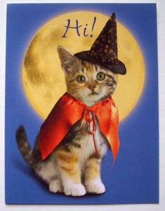 Cat in witches hat & cape vintage Halloween greeting card *WW23 - Picture 1 of 3