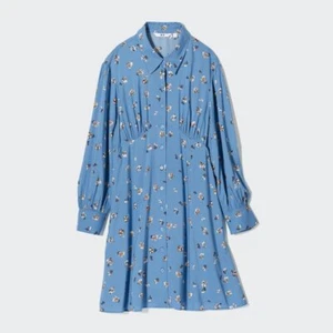 NEW Uniqlo Printed V-neck long sleeve mini dress Size XS BLUE, floral print 49.9 - Picture 1 of 11