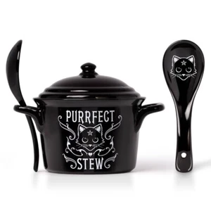 Alchemy Gothic Cat MRB1 Purrfect Stew Bowl Lid & Spoon China Oven Microwave - Picture 1 of 3