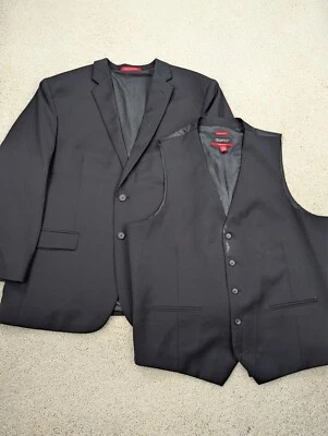 Kenneth Cole Suit Mens 46R Black Wool Jacket Vest 2 Piece Awearness Slim Stretch - Image 1 of 4