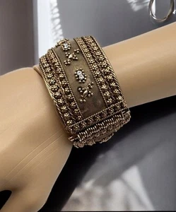 Bronze Tone Hinged Cuff Bracelet Ornate Flower Details with Rhinestone Accents - Picture 1 of 10