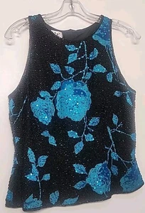 Andretta Donatello Size Large Top Blouse Black Blue Beaded Sequin Slvless Zipper - Picture 1 of 12