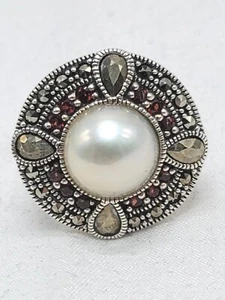 Chapal-Zenray Ring Mabe Pearl & Garnet Marcasite Sterling Silver 925 Size 8 NIB - Picture 1 of 10