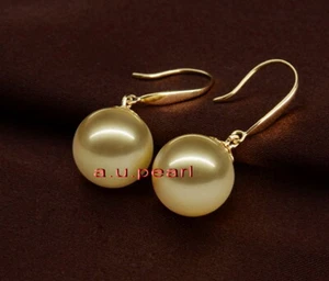 Top 18K 10-11MM round real NATURAL SOUTH SEA yellow golden PEARL Dangle EARRINGS - Picture 1 of 7