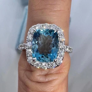 4.50 Ct Cushion Cut Natural Aquamarine Diamond Ring 14K Solid White Gold Size 7 - Picture 1 of 9