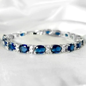 Sterling Silver Blue Lab-Created Sapphire Clear Topaz Tennis Bracelet Gift box - Picture 1 of 3