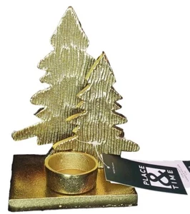 Metal Tea Light Candle Holder Home Decor 6” NEW Gold Pine Trees - Picture 1 of 6
