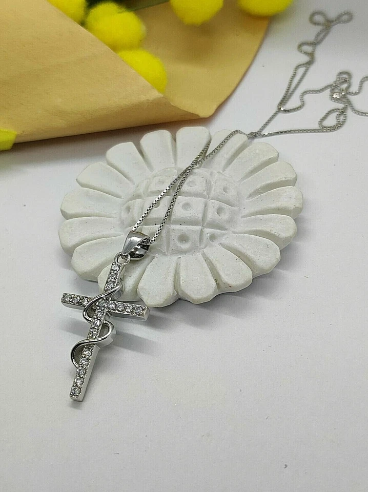 collana con ciondolo argento 925 rodiato croce con zirconi bianchi - Immagine 1 di 4