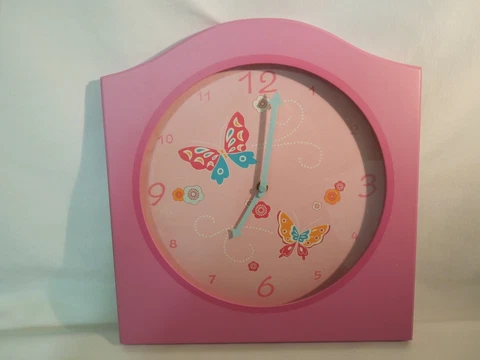 Large Pink Wood Wall Clock Butterfly Design Quartz Movement Over 12" Cover