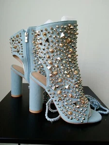 Sexy Funky,Punky Stud Covered Open Heel Denim Boots By Azalea Wang UK 4.5 US 6.5 - Picture 1 of 11